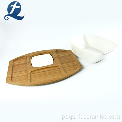 Tigela de salada de cerâmica branca de utensílios de cozinha de bambu